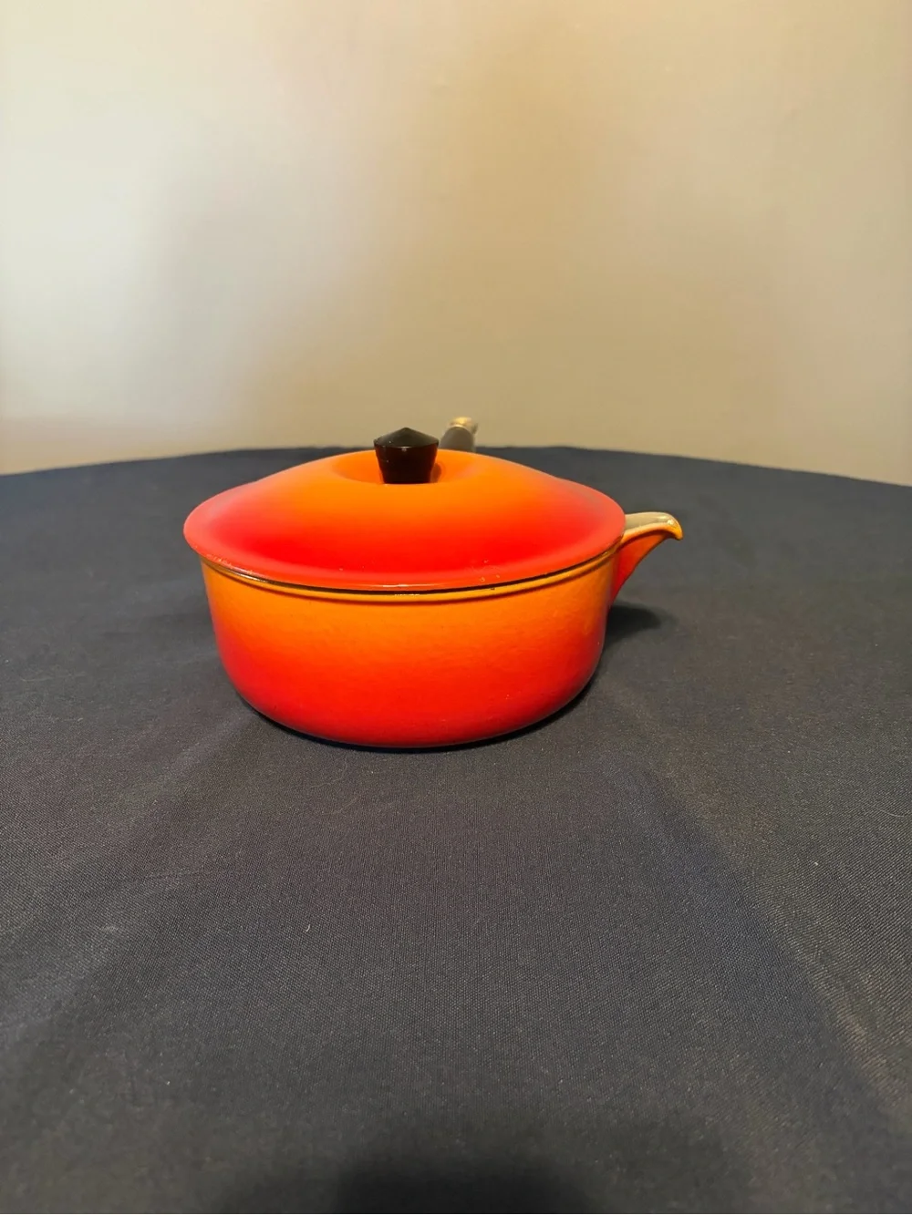 Vintage Le Creuset P20 Orange to Red Flame Gradient Enamel Saucepan with Lid.